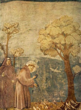 Giotto (1266 ? - 1337): Franziskus predigt den V�geln. Fresko in der Oberen Basilika in Assisi, vor 1300