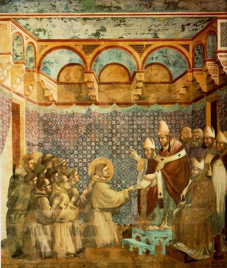 Giotto (1266 ? - 1337): Franziskus' Ordensregeln werden vom Papst best�tigt. Fresko in der Oberen Basilika in Assisi, vor 1300