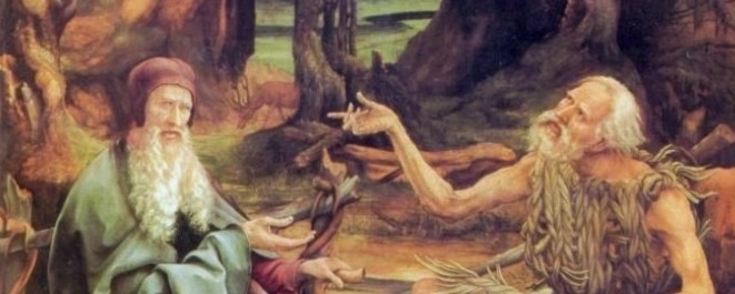 Mathis Gr�newald, Isenheimer Altar, 1510 - 1515, Antonius beim Einsiedler Paulus (Ausschnitt), Mus�e d'Unterlinden, Colmar