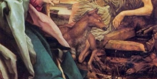 Mathis Gr�newald, Isenheimer Altar, 1510 - 1515, Antonius beim Einsiedler Paulus (Ausschnitt), Mus�e d'Unterlinden, Colmar